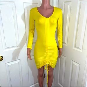 Yellow Stretch Long sleeve Drawstring Dress